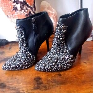 Vera Wang Black and Silver Ankle Booties with Crystal Embellishments FIRM $